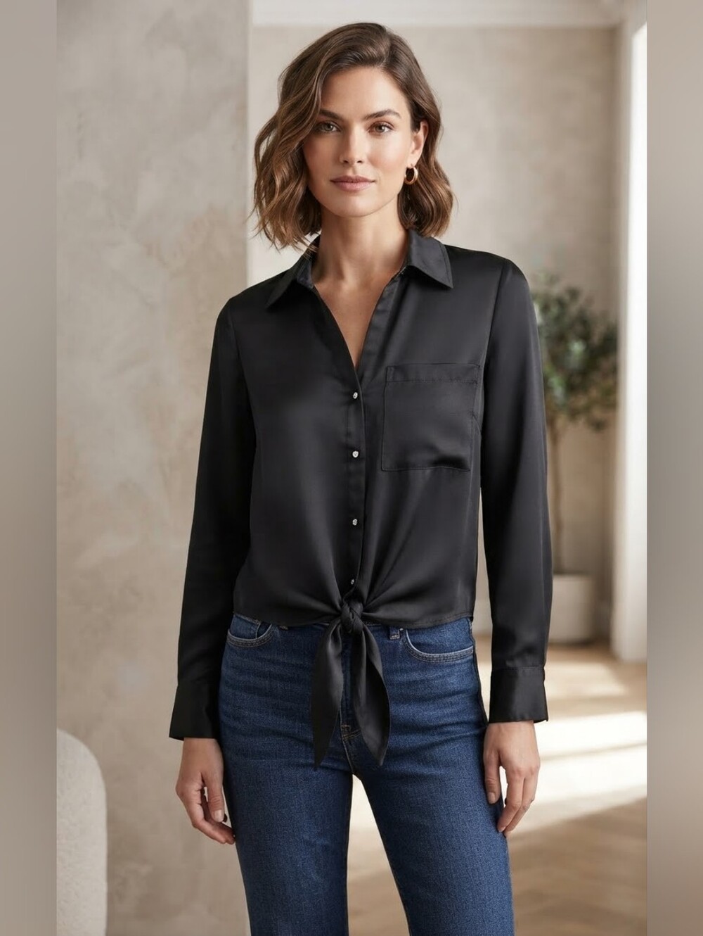 TWIK by Simons Black Tie-Front High-Low Button-Up Blouse. Size Medium.
